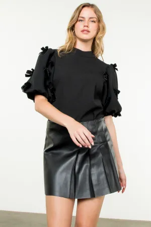 Velvet Bow Detail Puff Sleeve Top