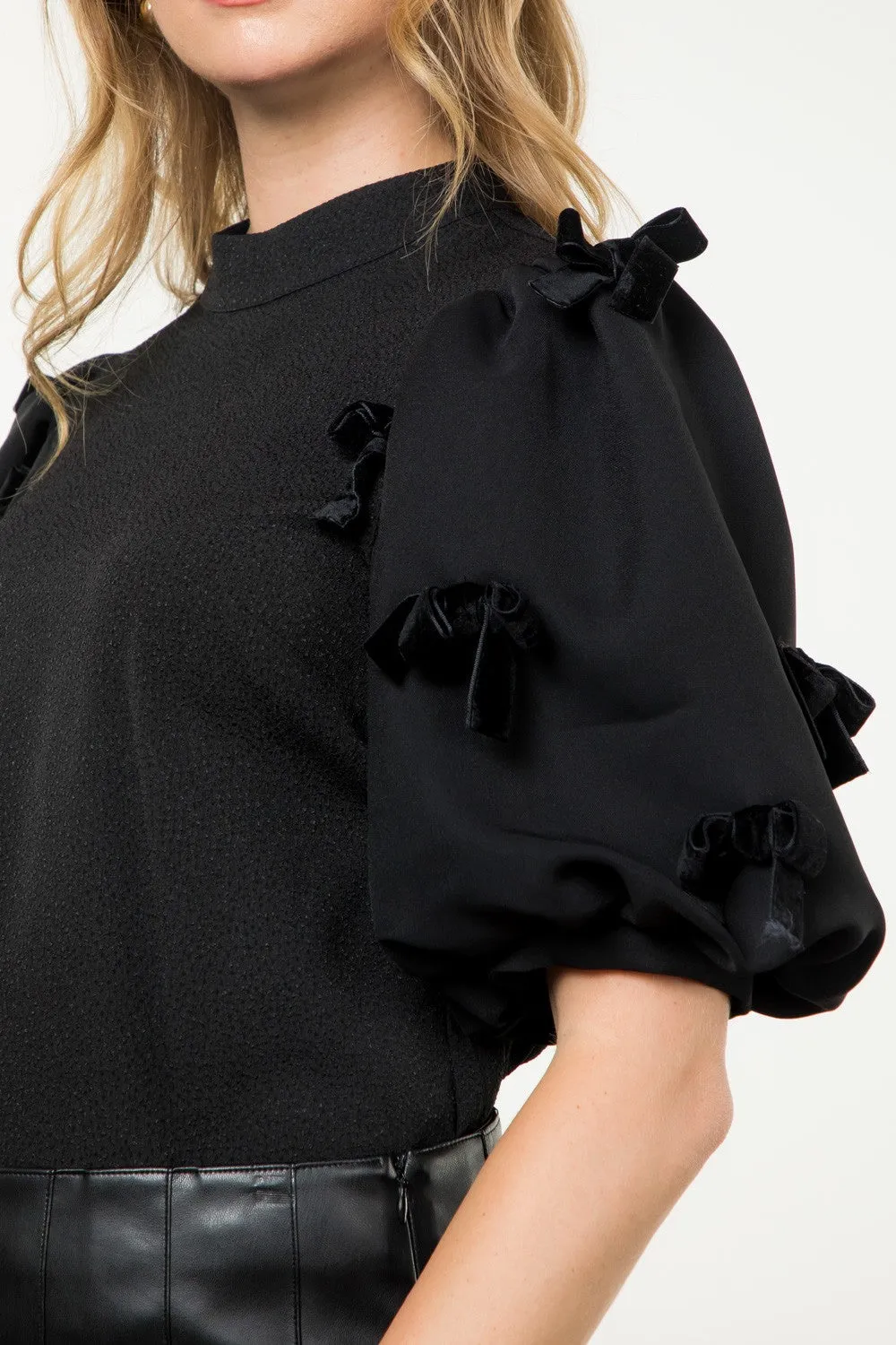 Velvet Bow Detail Puff Sleeve Top