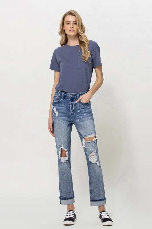 Vervet by Flying Monkey Stretch Mom Jeans w/ Spatter Detail and Cuff