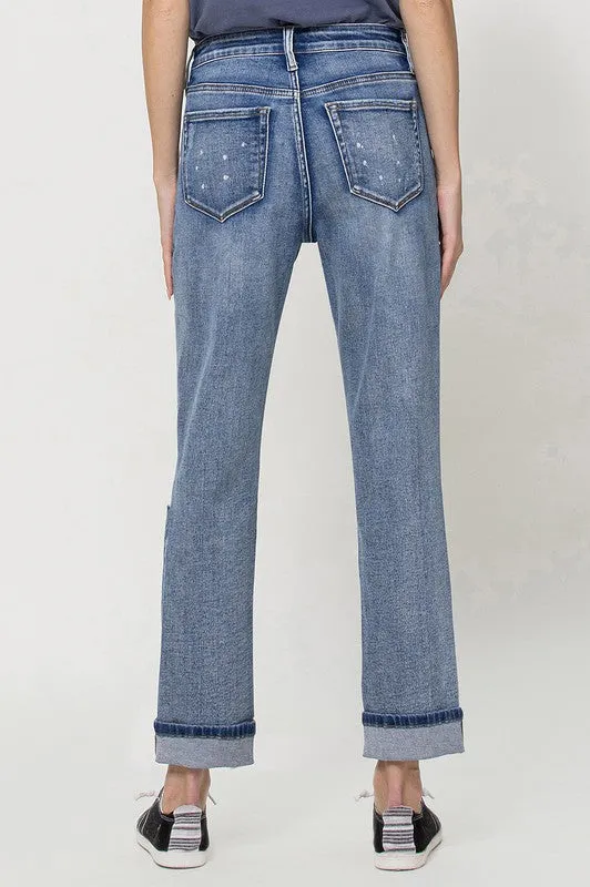 Vervet by Flying Monkey Stretch Mom Jeans w/ Spatter Detail and Cuff