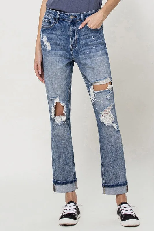 Vervet by Flying Monkey Stretch Mom Jeans w/ Spatter Detail and Cuff
