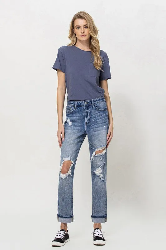 Vervet by Flying Monkey Stretch Mom Jeans w/ Spatter Detail and Cuff