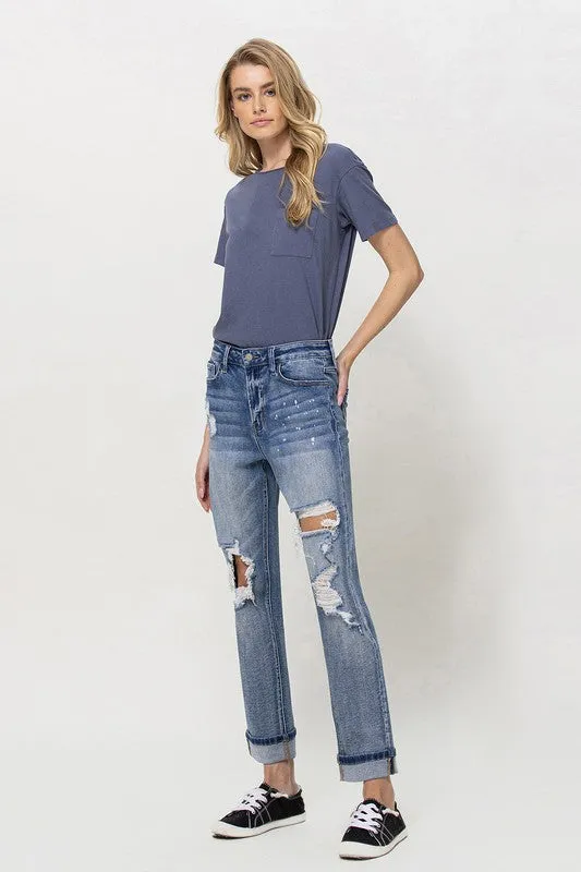 Vervet by Flying Monkey Stretch Mom Jeans w/ Spatter Detail and Cuff