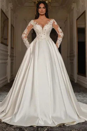 Vintage A Line Long Sleeve White Beaded Lace-up Lace Ball Gown Wedding Dresses with Pearls