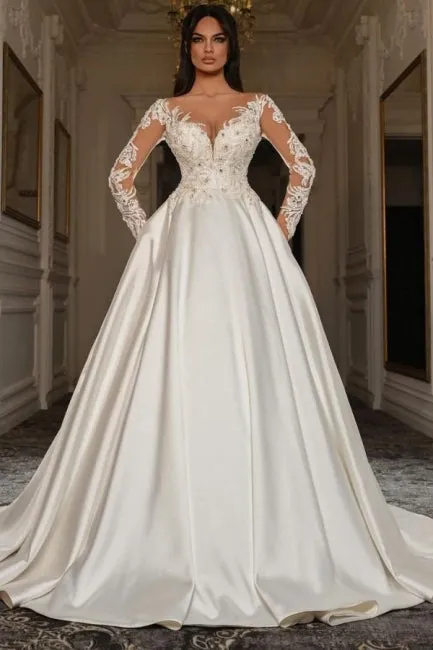 Vintage A Line Long Sleeve White Beaded Lace-up Lace Ball Gown Wedding Dresses with Pearls