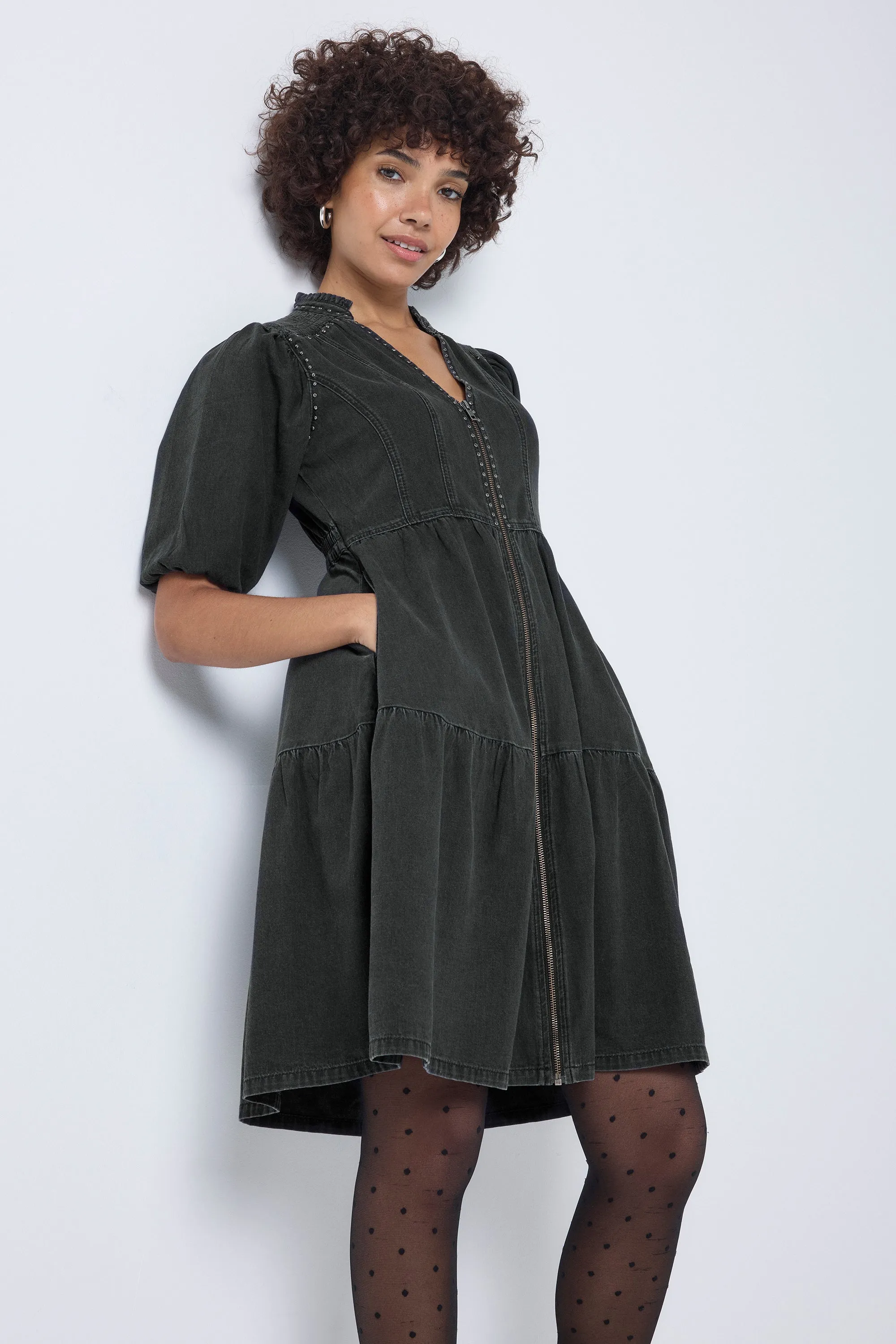 Washed Black Studded Zip Detail Tiered Short Denim Dress