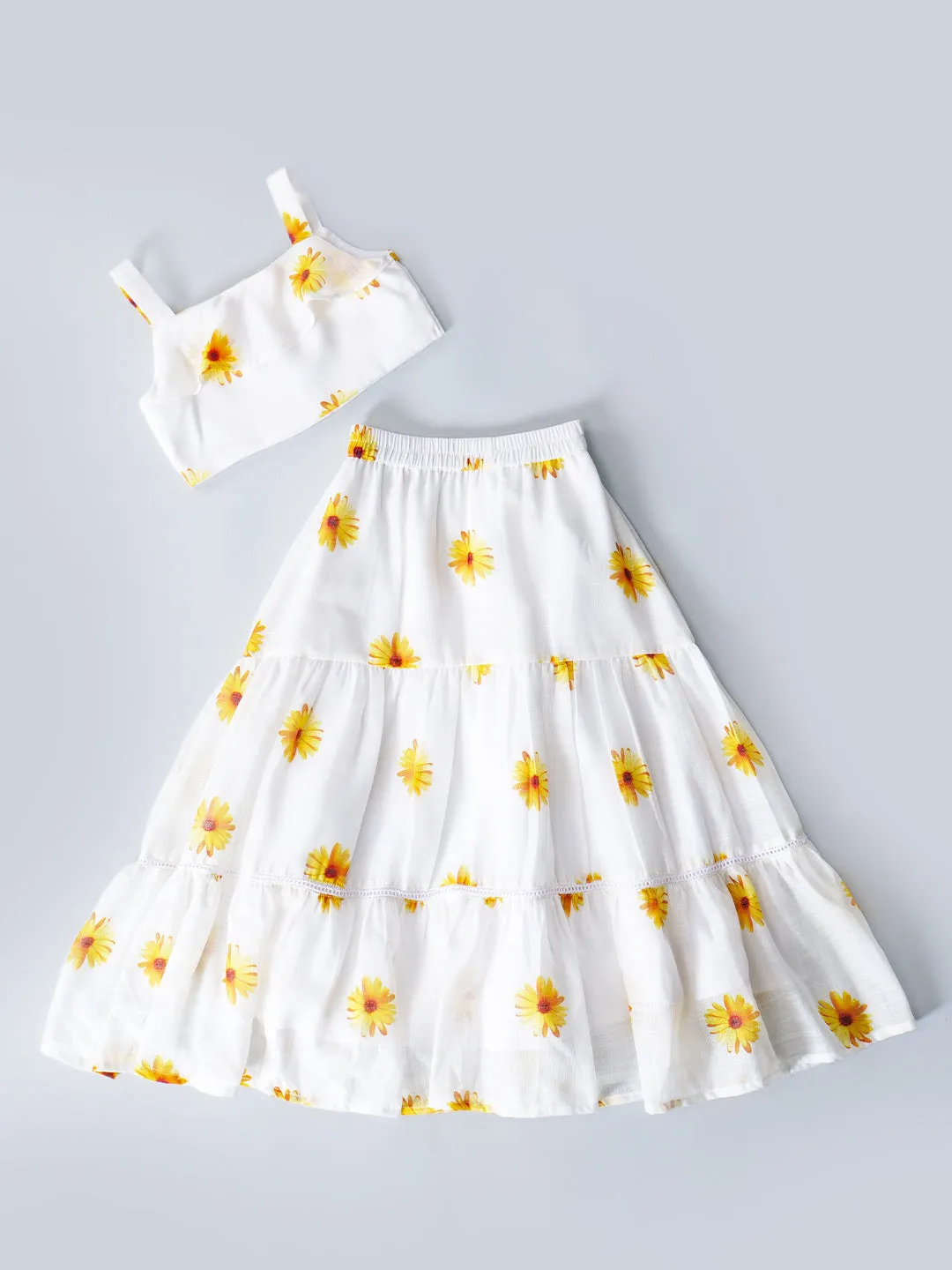 White Top And Skirt Set With Yellow Floral Print (Sk25018012)