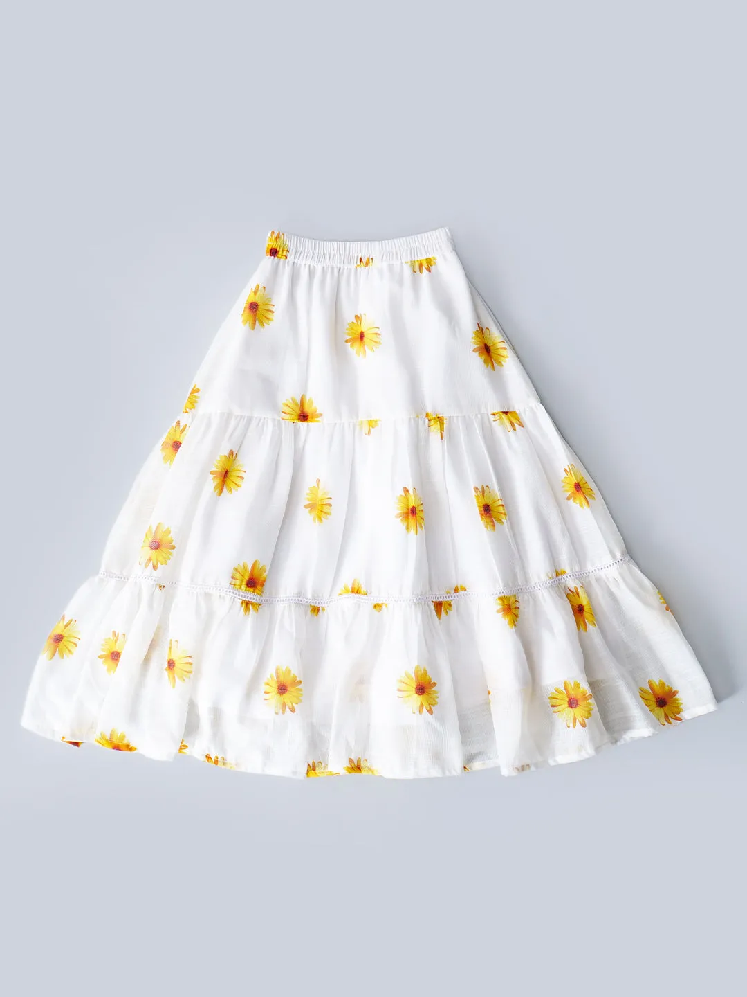 White Top And Skirt Set With Yellow Floral Print (Sk25018012)