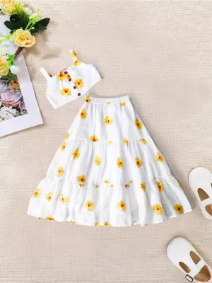 White Top And Skirt Set With Yellow Floral Print (Sk25018012)