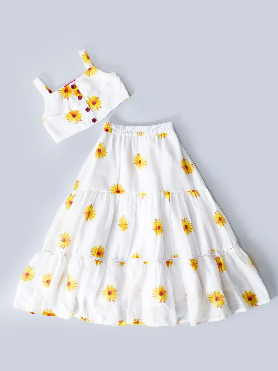 White Top And Skirt Set With Yellow Floral Print (Sk25018012)