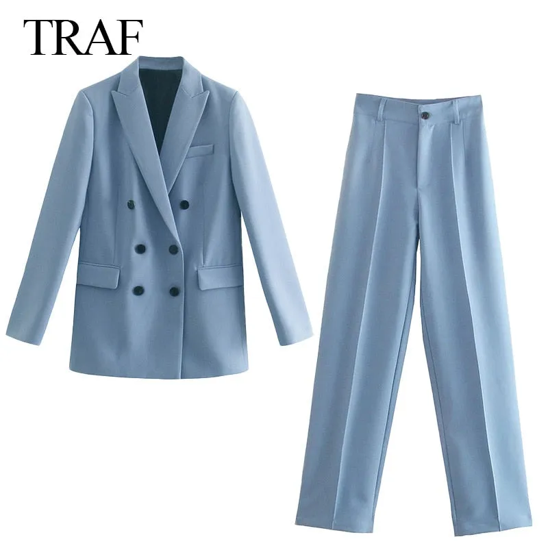 Women Jacket Double Breasted Notched Blazer Office Suit Pantsuit
