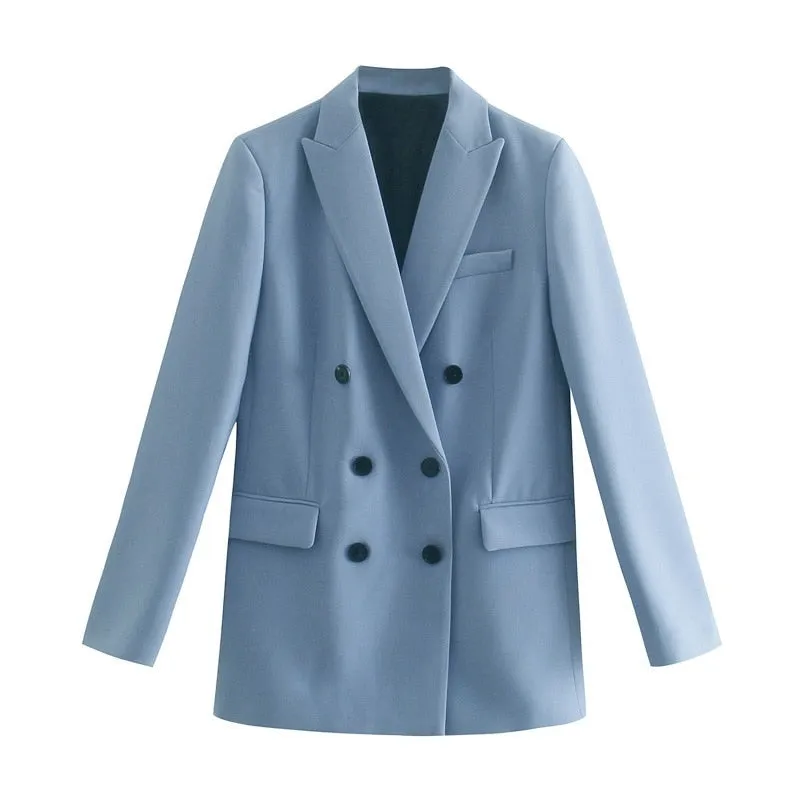 Women Jacket Double Breasted Notched Blazer Office Suit Pantsuit