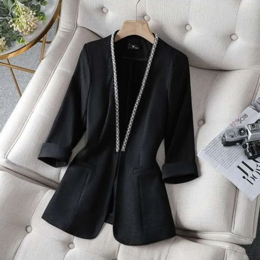 Women Korean Style Pearl Half Sleeve Casual Blazer