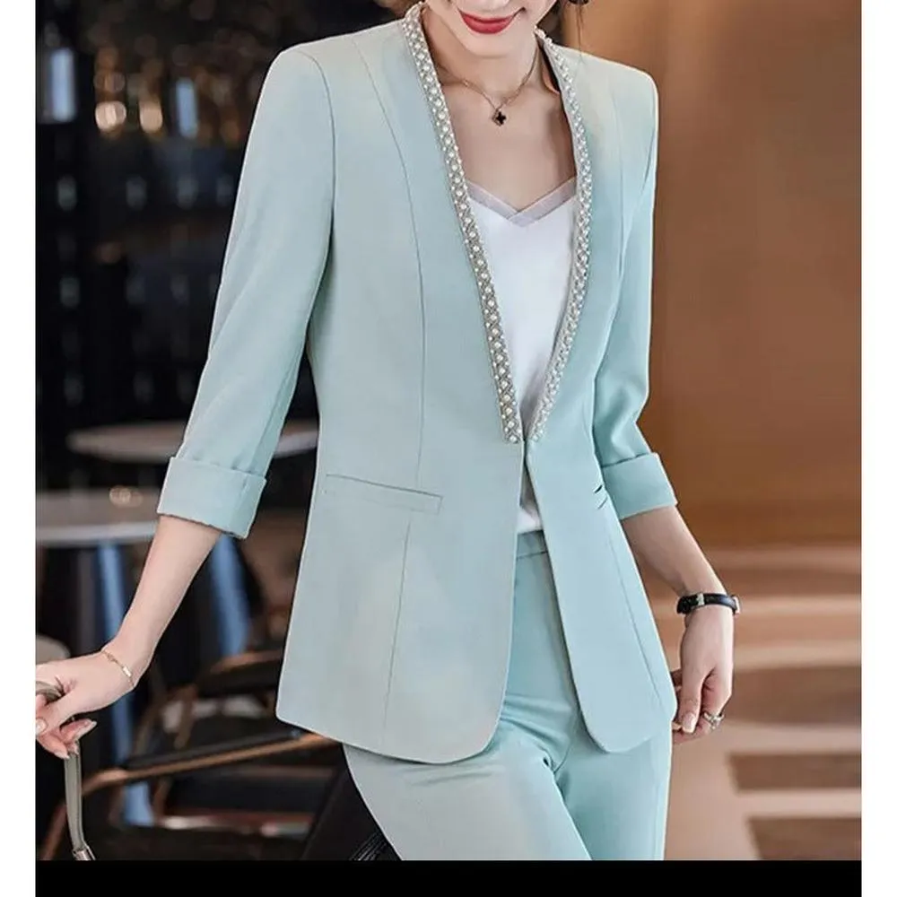Women Korean Style Pearl Half Sleeve Casual Blazer