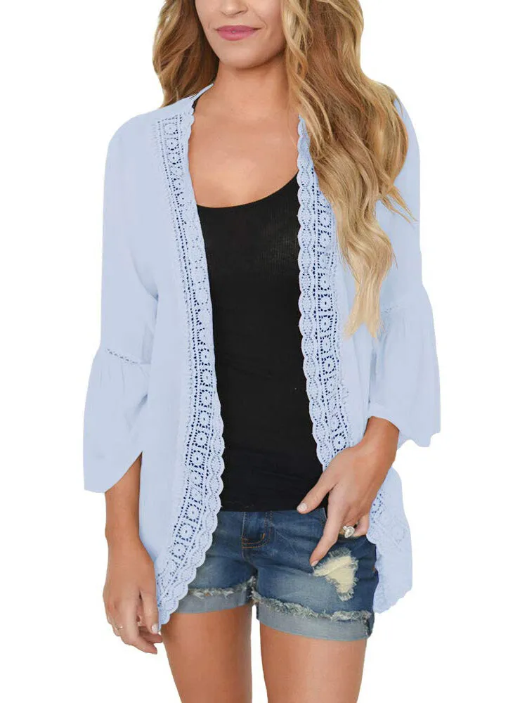 Women Solid Color Lace Trim Light Cardigans