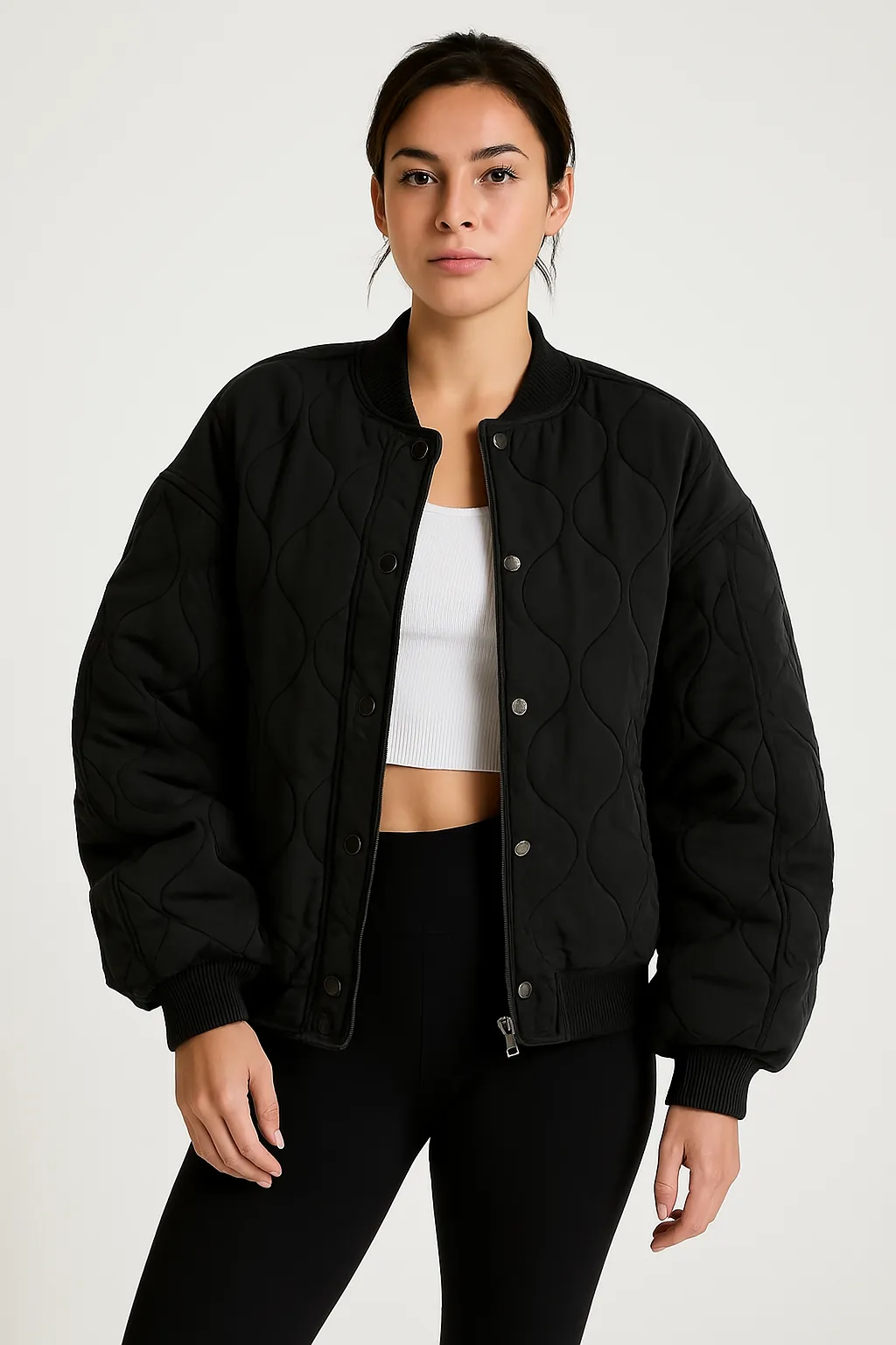Womens Bomber Jacket  Quilted Cotton  Oversized Fit  Ribbed Trim Zip Casual Wear
