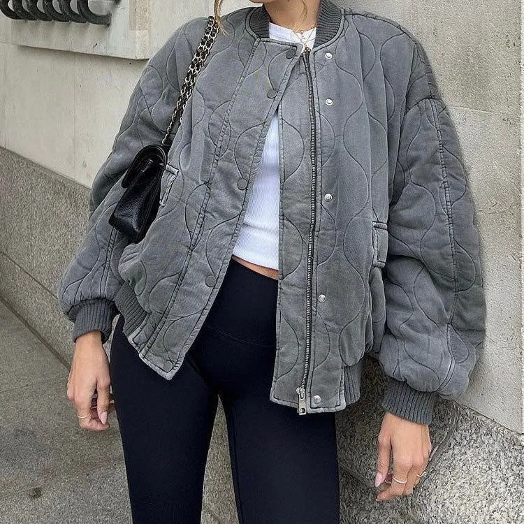 Womens Bomber Jacket  Quilted Cotton  Oversized Fit  Ribbed Trim Zip Casual Wear