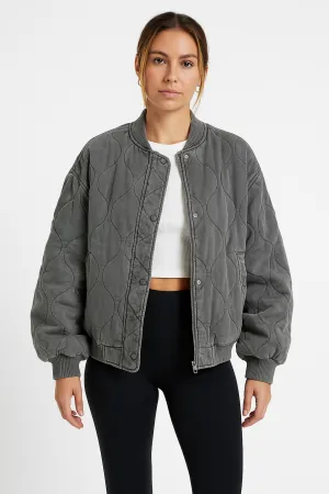 Womens Bomber Jacket  Quilted Cotton  Oversized Fit  Ribbed Trim Zip Casual Wear