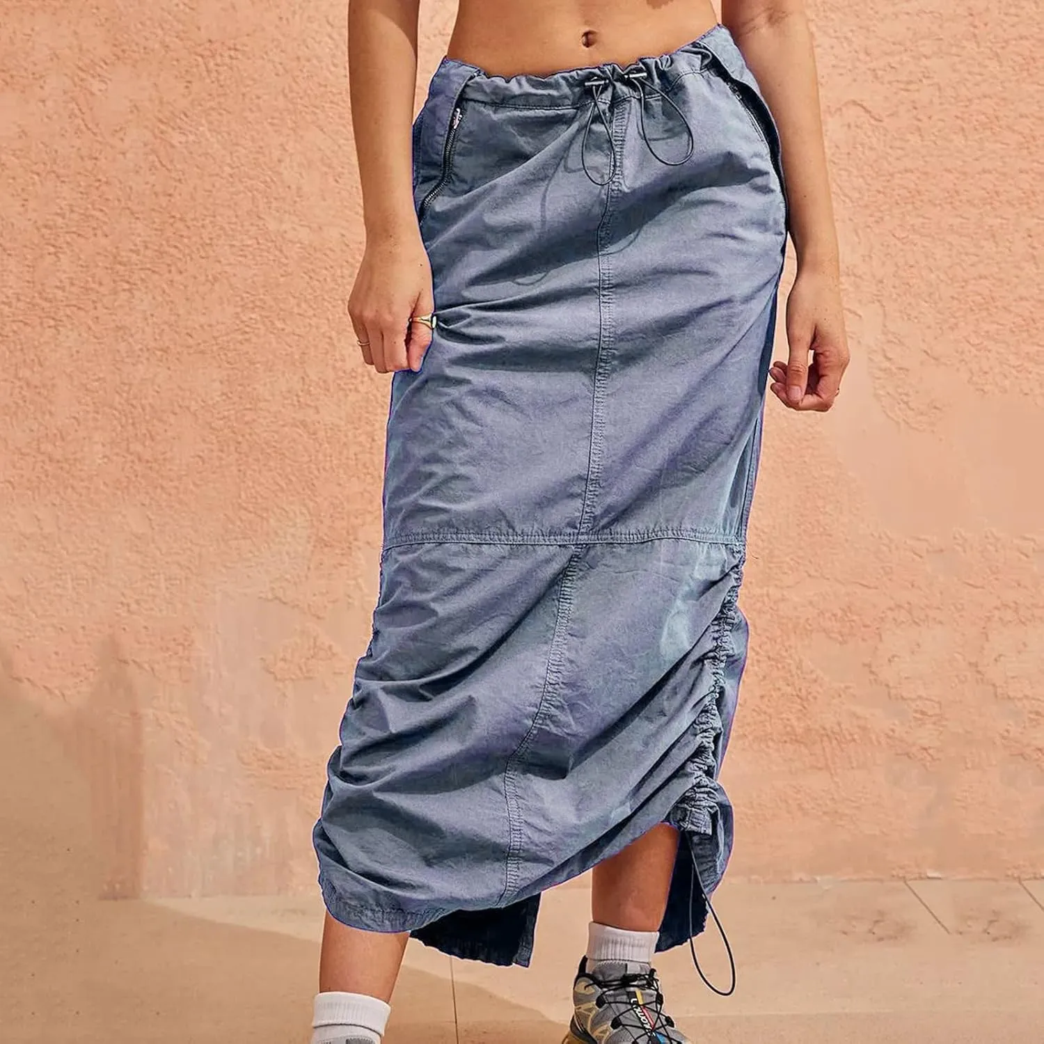 Womens Cargo Skirt Jean Side Drawstring Adjustable Casual A-Line Midi Long Denim Skirt Vacation Backless Sweater