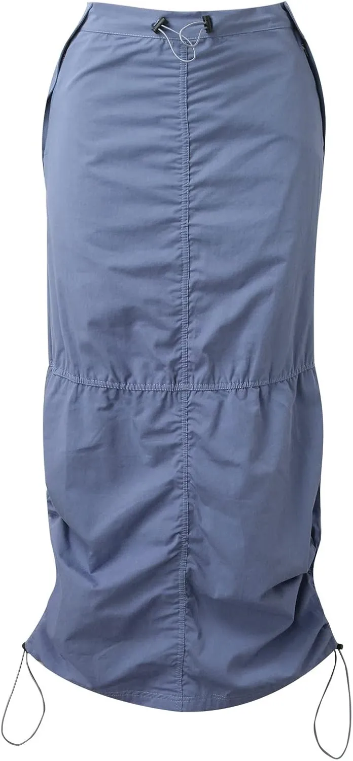 Womens Cargo Skirt Jean Side Drawstring Adjustable Casual A-Line Midi Long Denim Skirt Vacation Backless Sweater