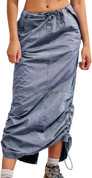 Womens Cargo Skirt Jean Side Drawstring Adjustable Casual A-Line Midi Long Denim Skirt Vacation Backless Sweater
