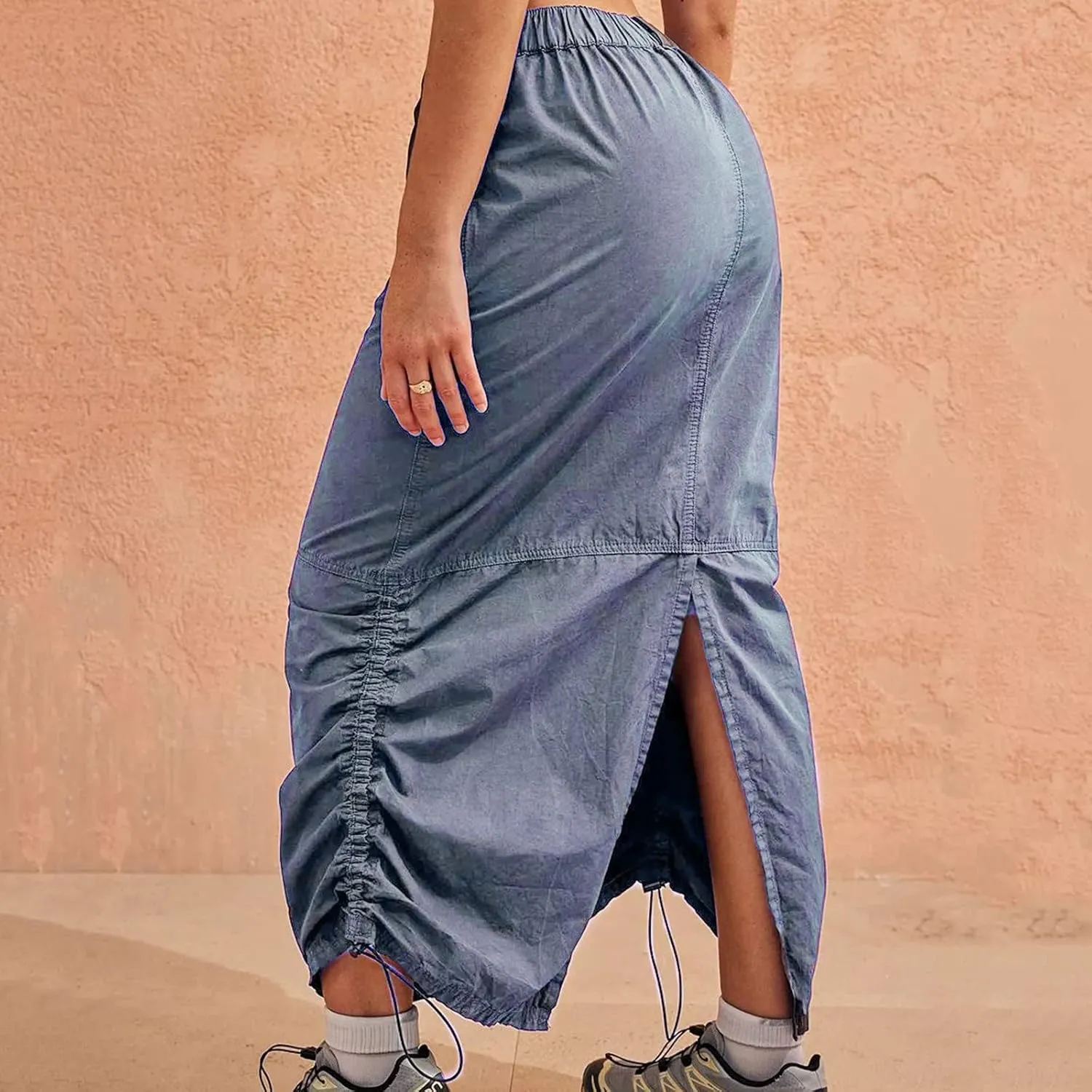 Womens Cargo Skirt Jean Side Drawstring Adjustable Casual A-Line Midi Long Denim Skirt Vacation Backless Sweater
