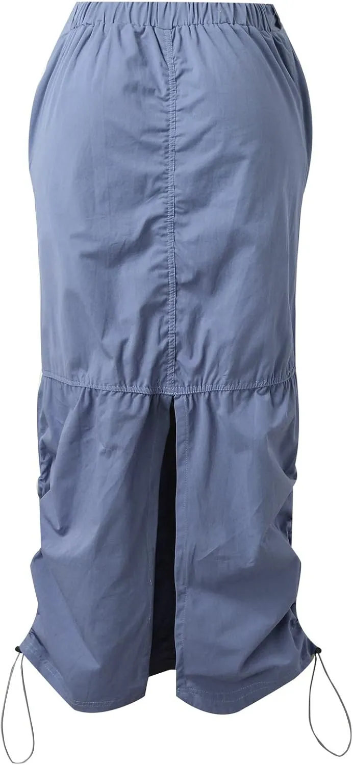 Womens Cargo Skirt Jean Side Drawstring Adjustable Casual A-Line Midi Long Denim Skirt Vacation Backless Sweater