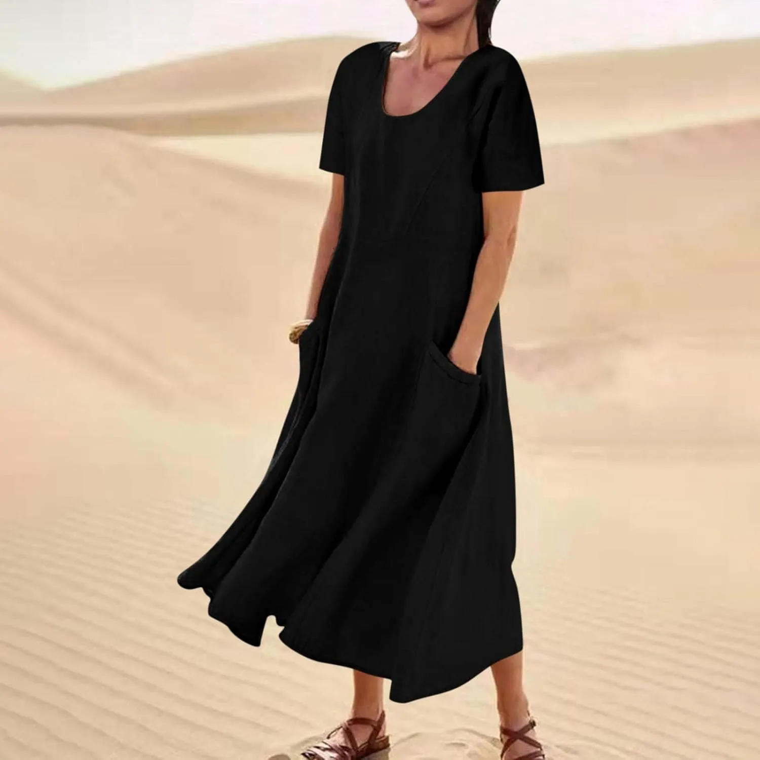 Women's Cotton Linen Dress Plus Size Round Neck Short Sleeve Solid Color Dresses with Pocket Flowy Casual Midi Dress
