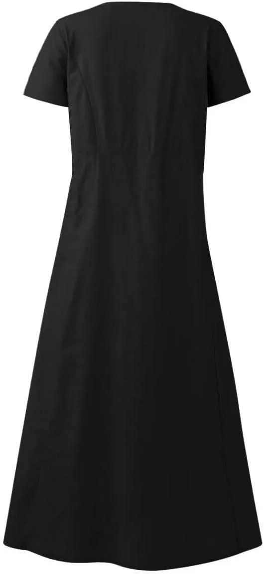 Women's Cotton Linen Dress Plus Size Round Neck Short Sleeve Solid Color Dresses with Pocket Flowy Casual Midi Dress