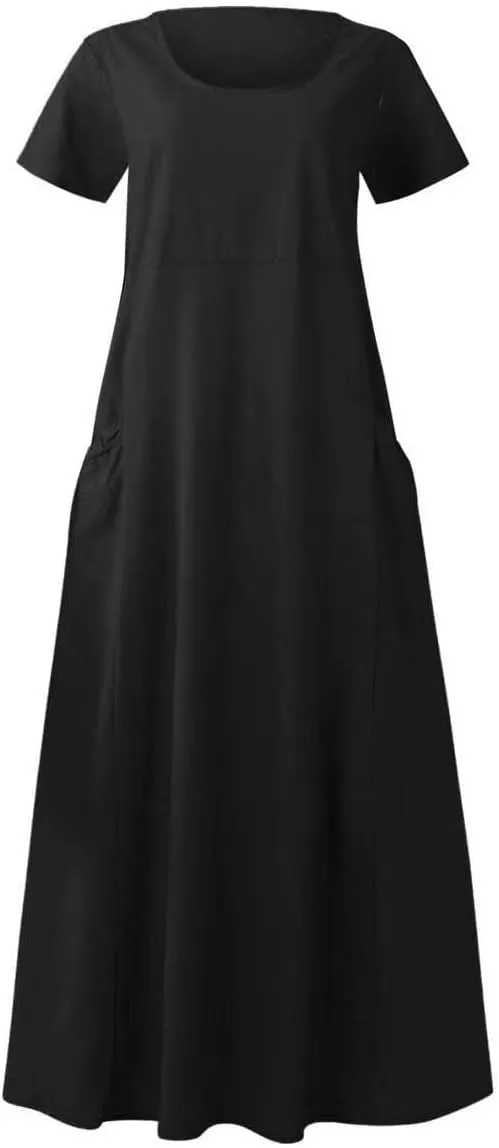Women's Cotton Linen Dress Plus Size Round Neck Short Sleeve Solid Color Dresses with Pocket Flowy Casual Midi Dress