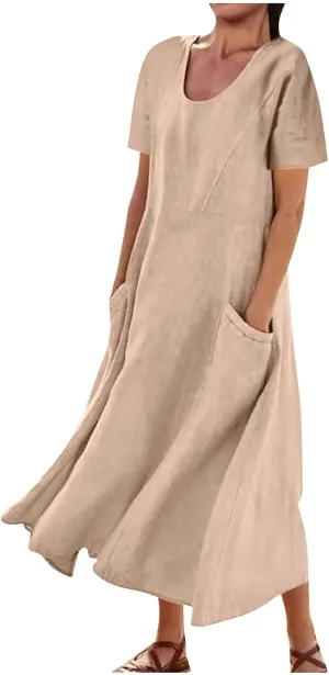 Women's Cotton Linen Dress Plus Size Round Neck Short Sleeve Solid Color Dresses with Pocket Flowy Casual Midi Dress