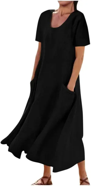 Women's Cotton Linen Dress Plus Size Round Neck Short Sleeve Solid Color Dresses with Pocket Flowy Casual Midi Dress