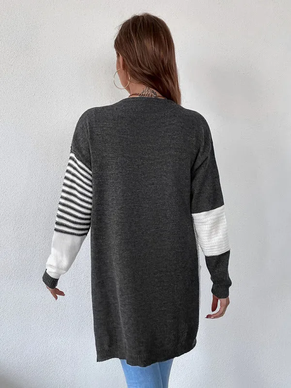 Women's Long Striped Color Block Knit Drape Cardigan With Pockets