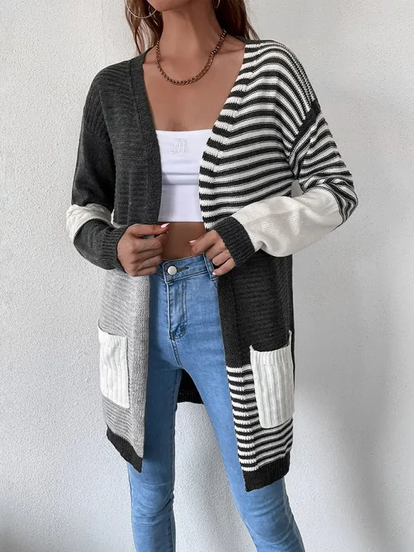Women's Long Striped Color Block Knit Drape Cardigan With Pockets
