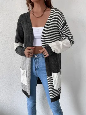 Women's Long Striped Color Block Knit Drape Cardigan With Pockets