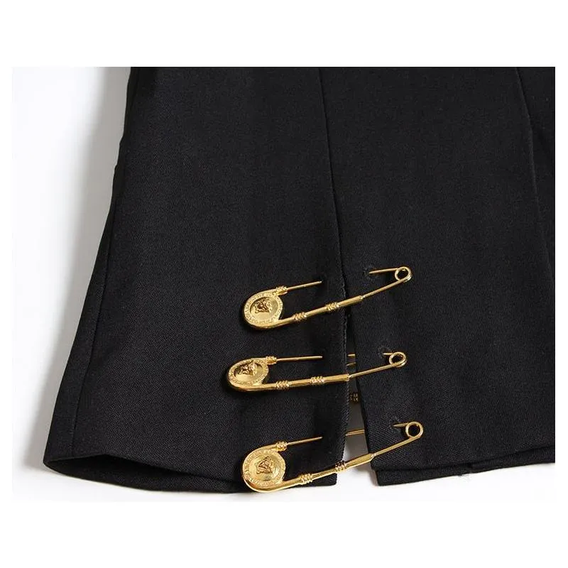 Women's Loose Fit Black Single Button Pin Decor Spliced Jacket Blazer New Lapel Long Sleeve Autumn Winter