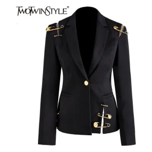 Women's Loose Fit Black Single Button Pin Decor Spliced Jacket Blazer New Lapel Long Sleeve Autumn Winter