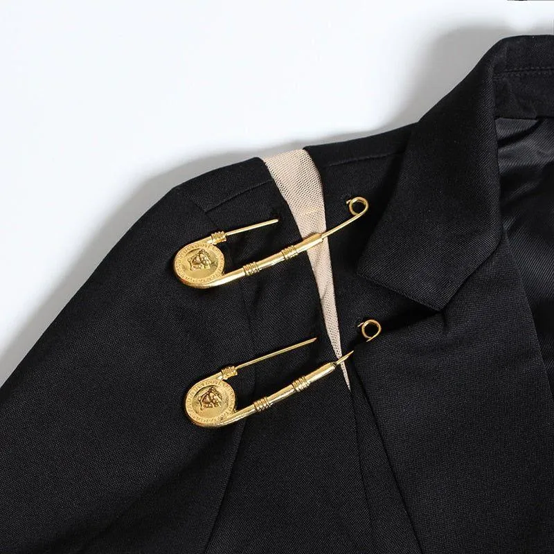 Women's Loose Fit Black Single Button Pin Decor Spliced Jacket Blazer New Lapel Long Sleeve Autumn Winter