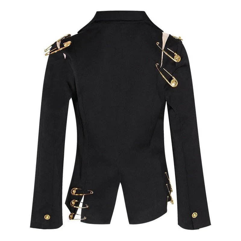Women's Loose Fit Black Single Button Pin Decor Spliced Jacket Blazer New Lapel Long Sleeve Autumn Winter