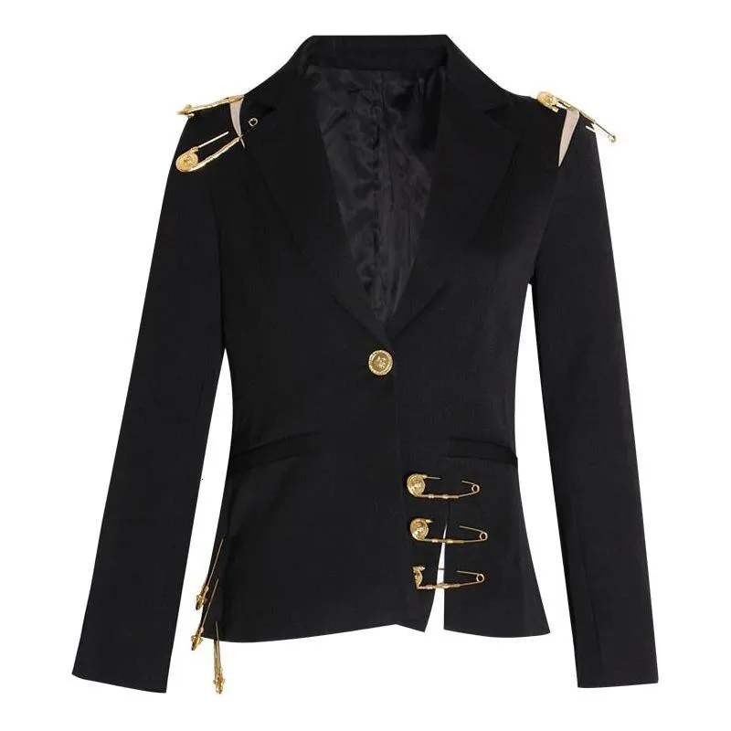Women's Loose Fit Black Single Button Pin Decor Spliced Jacket Blazer New Lapel Long Sleeve Autumn Winter