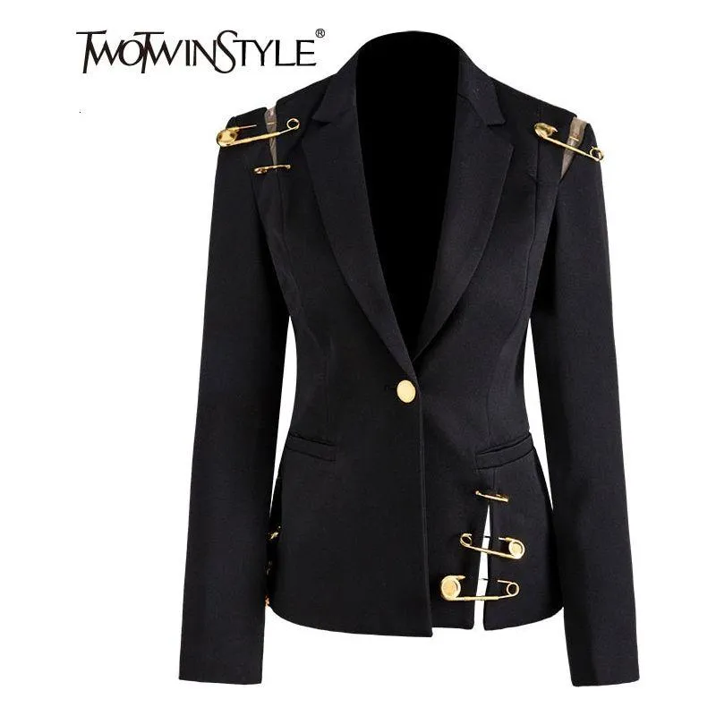 Women's Loose Fit Black Single Button Pin Decor Spliced Jacket Blazer New Lapel Long Sleeve Autumn Winter