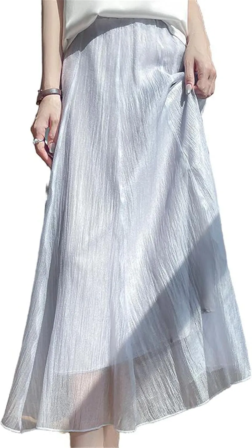 Womens Skirt Red Chinese Style Mesh A-Line Mid Length Skirt