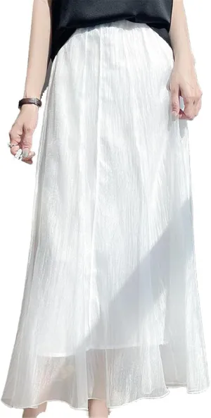Womens Skirt Red Chinese Style Mesh A-Line Mid Length Skirt