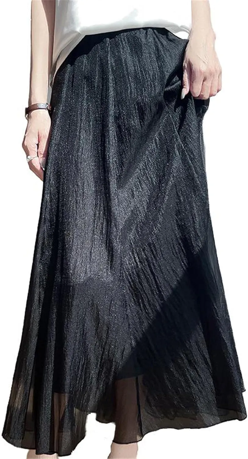 Womens Skirt Red Chinese Style Mesh A-Line Mid Length Skirt