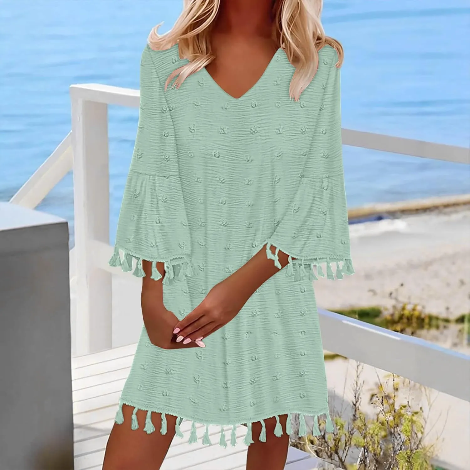 Women's Summer Boho Beach Dresses Fashion V Neck Half Sleeve Jacquard Tassels Loose Fit Short Dress