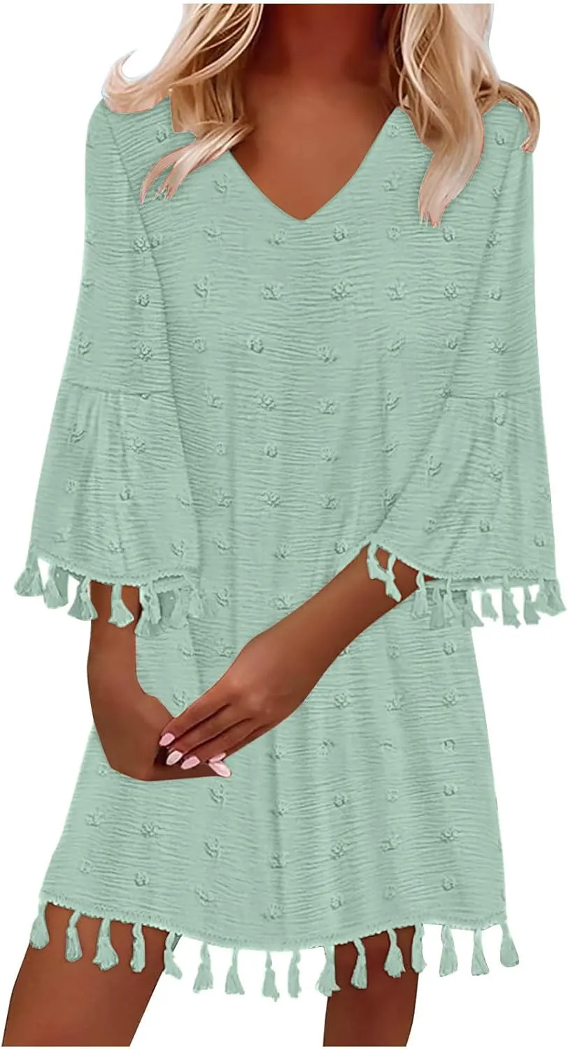 Women's Summer Boho Beach Dresses Fashion V Neck Half Sleeve Jacquard Tassels Loose Fit Short Dress