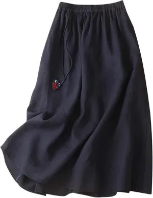 Women's Summer Linen Elastic Swing Midi Length A Line Skirt Half Skirt Linen Long Skirt
