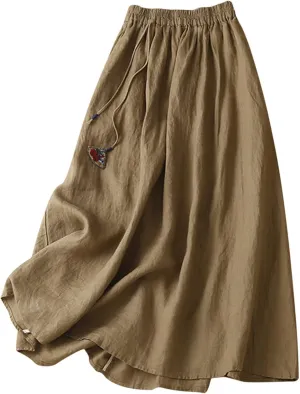 Women's Summer Linen Elastic Swing Midi Length A Line Skirt Half Skirt Linen Long Skirt
