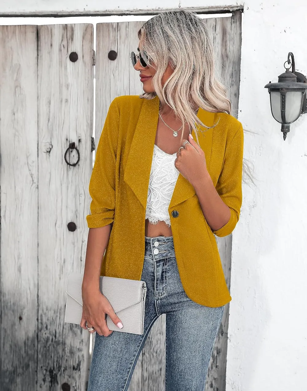 Zeagoo Women's Blazer Elegant 3/4 Sleeve Long Blazer (DE Only)